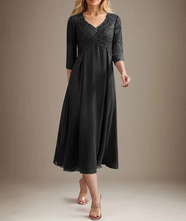 A-line V-Neck Tea-Length Chiffon Lace Mother of the Bride Dress With Beading