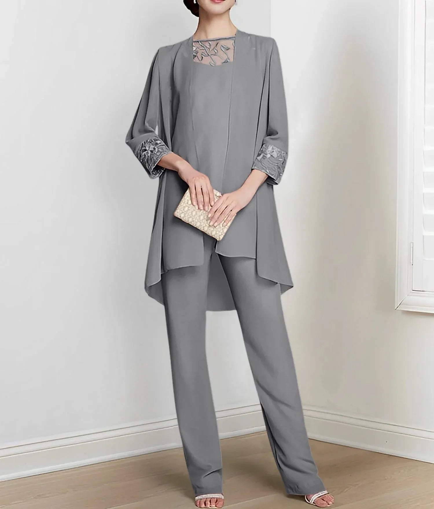 Chiffon Long Sleeves Mother Of The Bride Pantsuits With Jacket