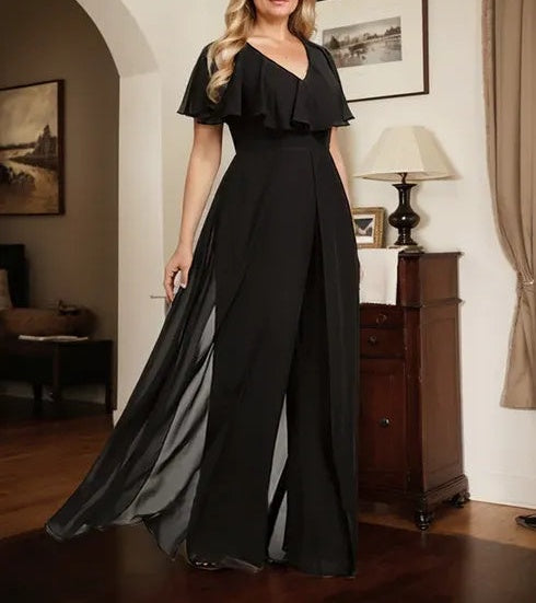 Jumpsuit/Pantsuit V-Neck Floor-Length Chiffon Evening Dress