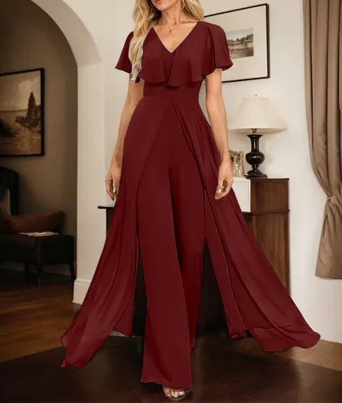 Jumpsuit/Pantsuit V-Neck Floor-Length Chiffon Evening Dress