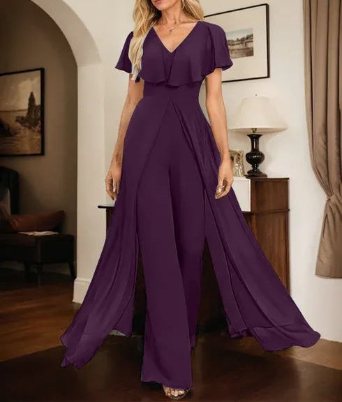 Jumpsuit/Pantsuit V-Neck Floor-Length Chiffon Evening Dress