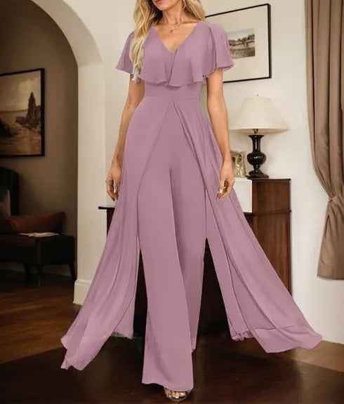 Jumpsuit/Pantsuit V-Neck Floor-Length Chiffon Evening Dress