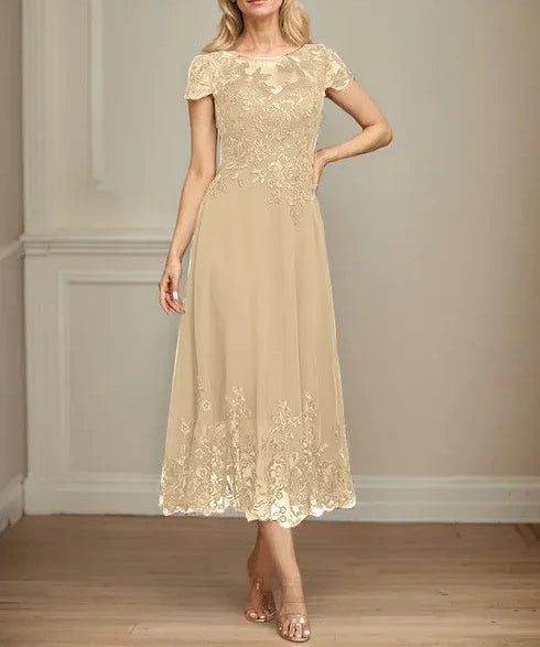 A-line Illusion Scoop Tea-Length Lace Chiffon Mother of the Bride Dress With Sequins
