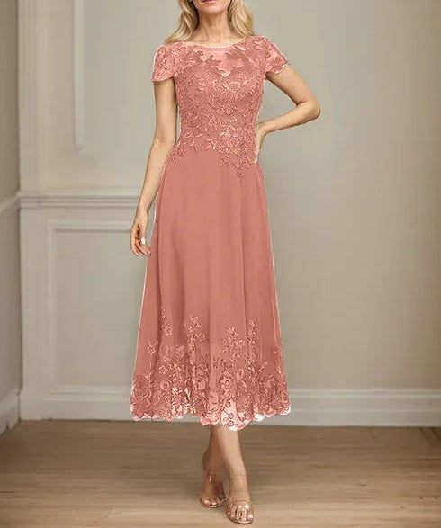 A-line Illusion Scoop Tea-Length Lace Chiffon Mother of the Bride Dress With Sequins