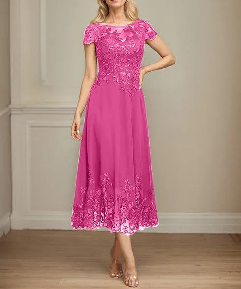A-line Illusion Scoop Tea-Length Lace Chiffon Mother of the Bride Dress With Sequins