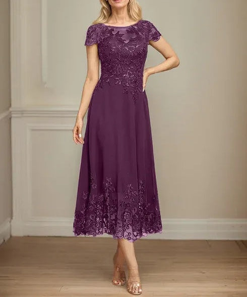 A-line Illusion Scoop Tea-Length Lace Chiffon Mother of the Bride Dress With Sequins