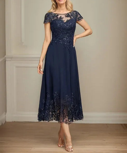A-line Illusion Scoop Tea-Length Lace Chiffon Mother of the Bride Dress With Sequins