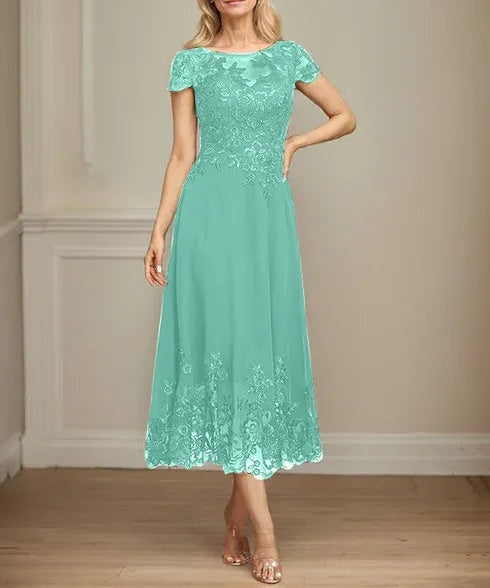 A-line Illusion Scoop Tea-Length Lace Chiffon Mother of the Bride Dress With Sequins