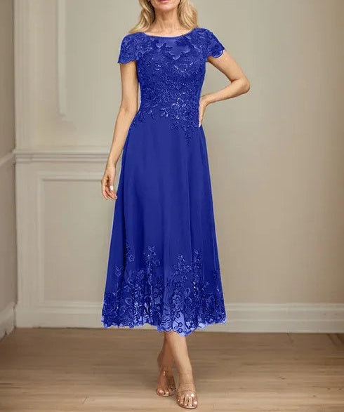 A-line Illusion Scoop Tea-Length Lace Chiffon Mother of the Bride Dress With Sequins