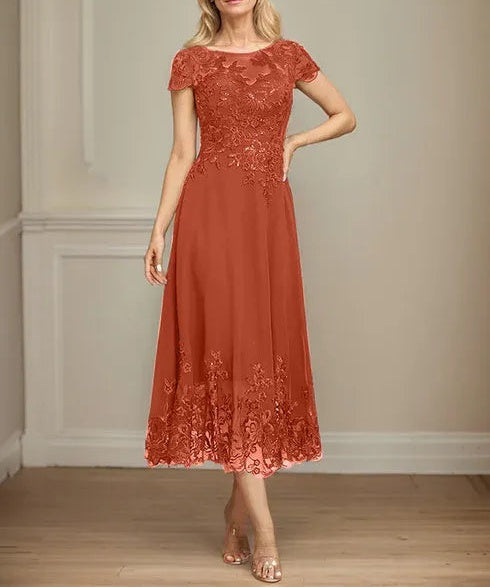 A-line Illusion Scoop Tea-Length Lace Chiffon Mother of the Bride Dress With Sequins