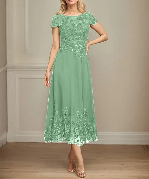 A-line Illusion Scoop Tea-Length Lace Chiffon Mother of the Bride Dress With Sequins