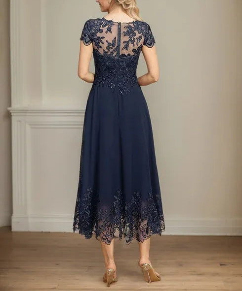 A-line Illusion Scoop Tea-Length Lace Chiffon Mother of the Bride Dress With Sequins