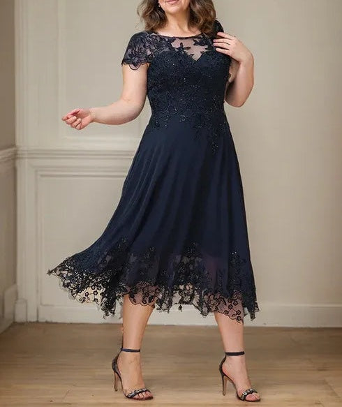 A-line Illusion Scoop Tea-Length Lace Chiffon Mother of the Bride Dress With Sequins