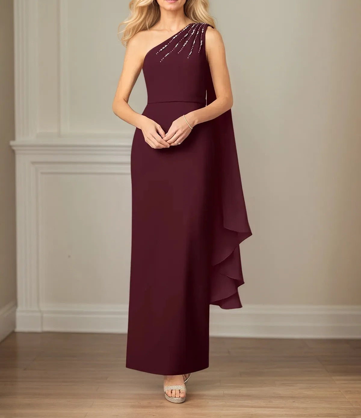 Sheath/Column Chiffon One Shoulder Sleeveless Floor Length Dress