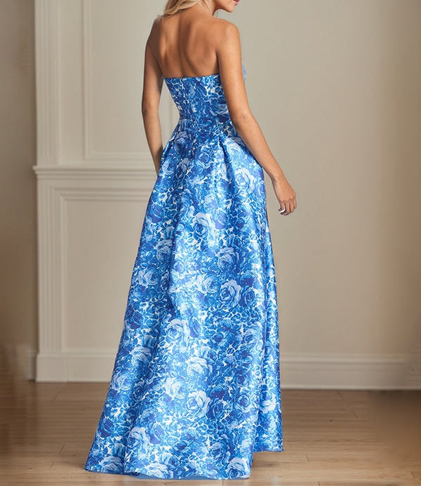 A-Line Off the Shoulder Sea Blue Satin Floral Mother of the Bride Dress