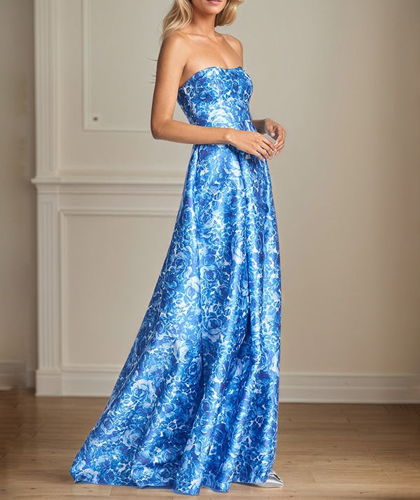 A-Line Off the Shoulder Sea Blue Satin Floral Mother of the Bride Dress