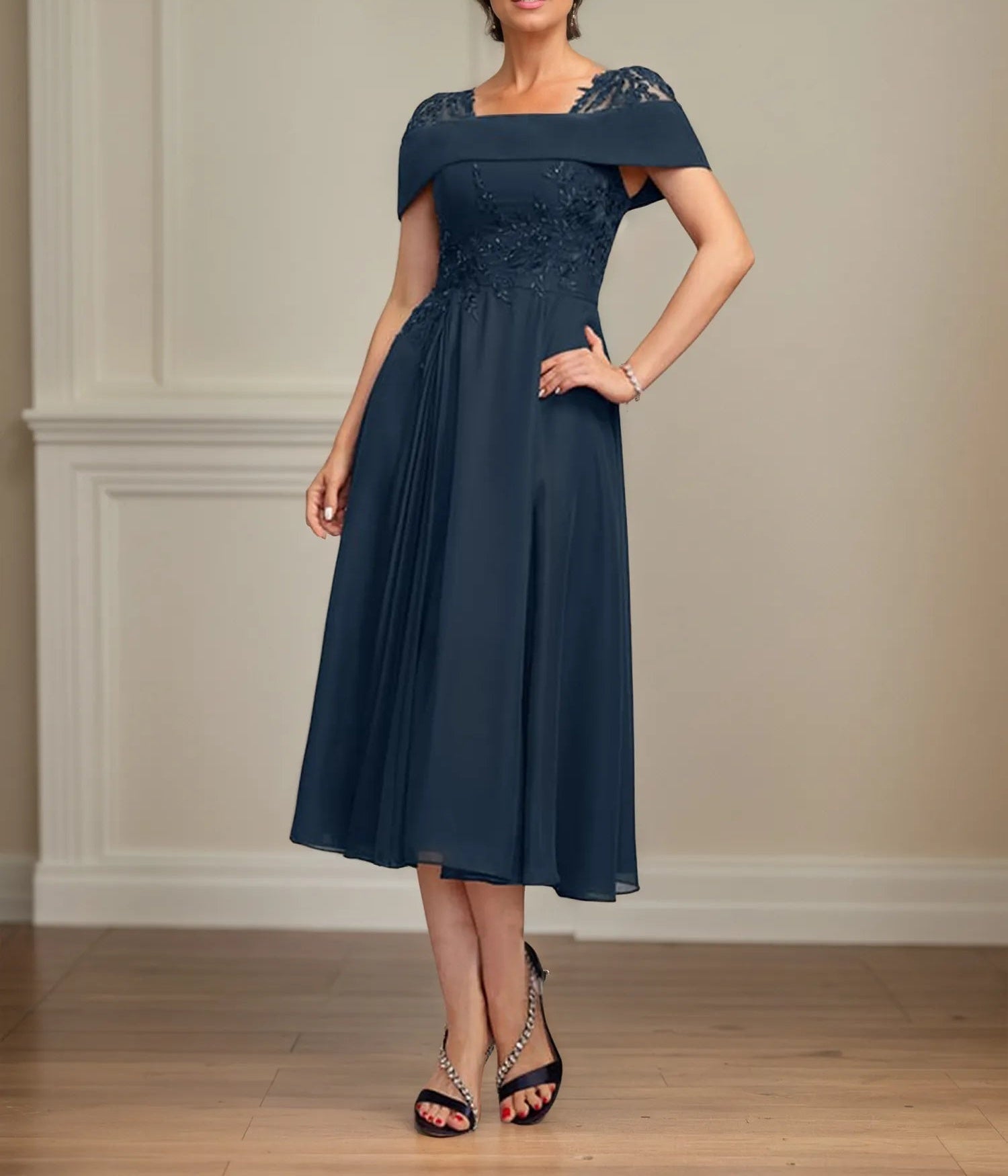 A Line Square Neck Tea Length Chiffon Mother of the Bride Dress With Pleated Sequins