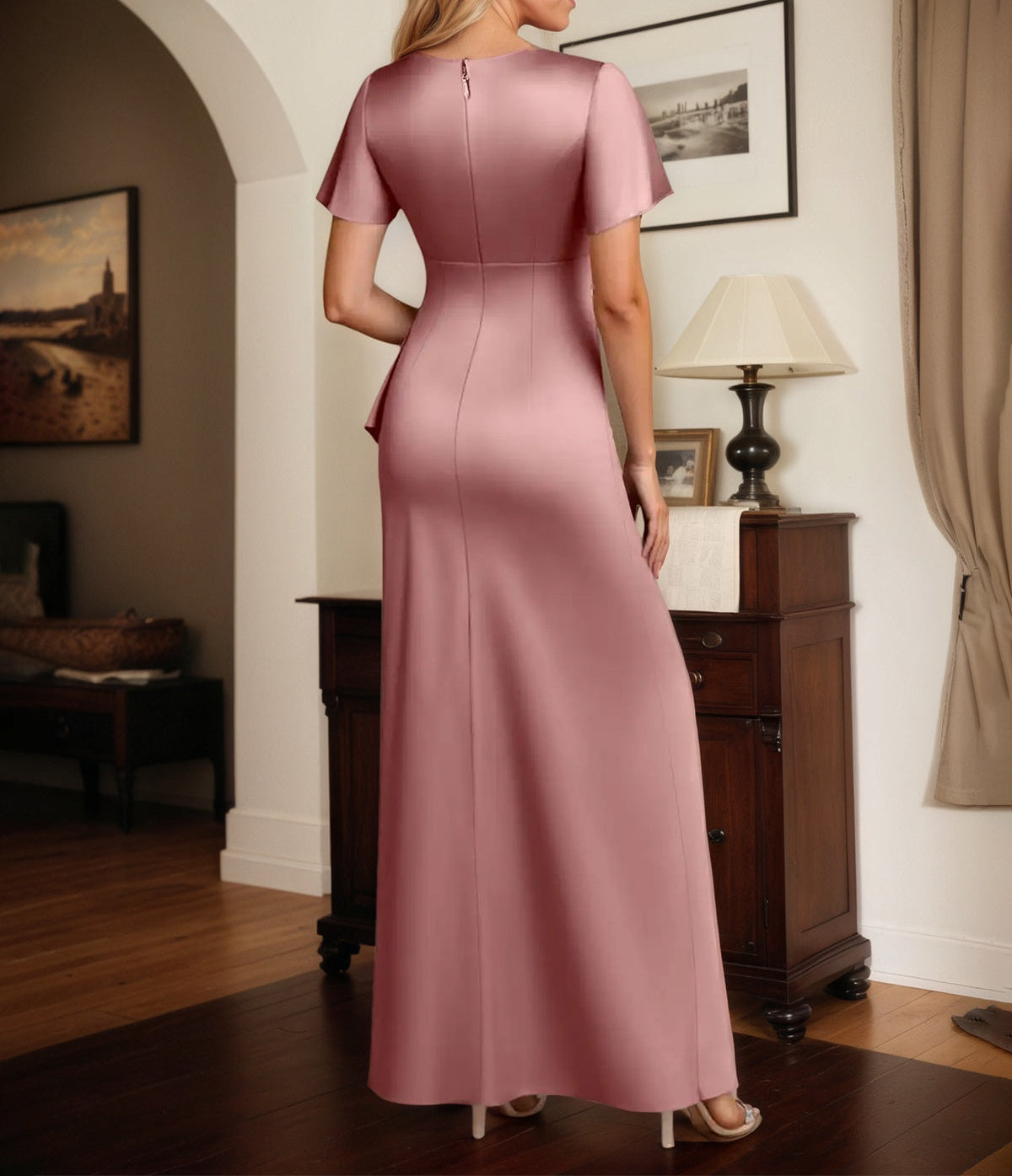 Sheath/Column Satin V Neck Short Sleeves Floor Length Dress