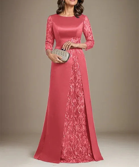 A-Line Scoop Floor-Length Lace Satin Mother Of the Bride Dress With Applique