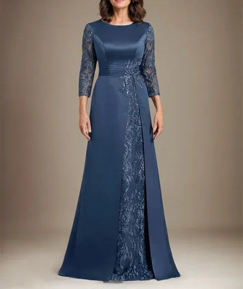 A-Line Scoop Floor-Length Lace Satin Mother Of the Bride Dress With Applique