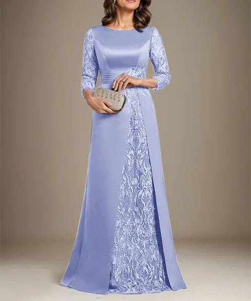 A-Line Scoop Floor-Length Lace Satin Mother Of the Bride Dress With Applique