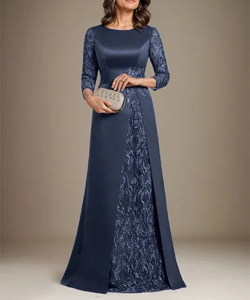 A-Line Scoop Floor-Length Lace Satin Mother Of the Bride Dress With Applique