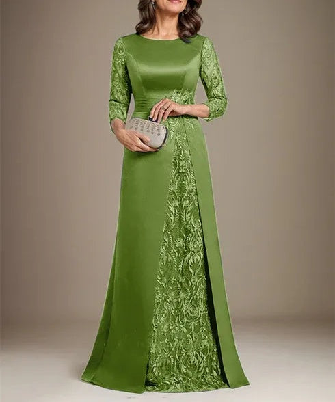 A-Line Scoop Floor-Length Lace Satin Mother Of the Bride Dress With Applique