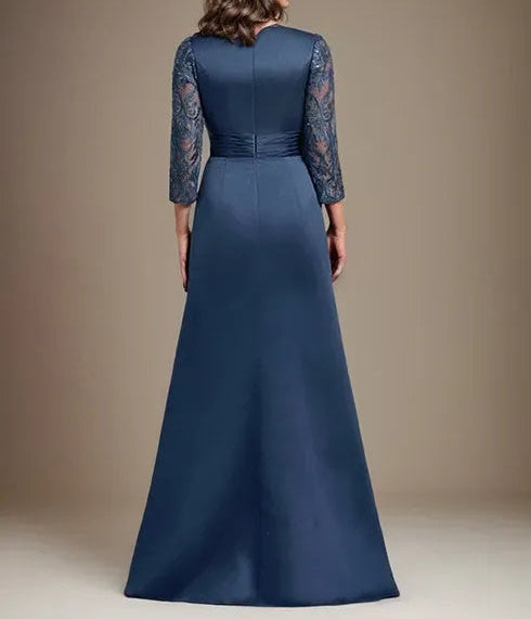 A-Line Scoop Floor-Length Lace Satin Mother Of the Bride Dress With Applique