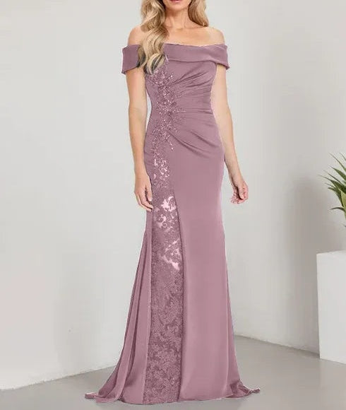 A-Line Off the Shoulder Floor-Length Mother of the Bride Dress Applique Beadings Mermaid Dress With High Split