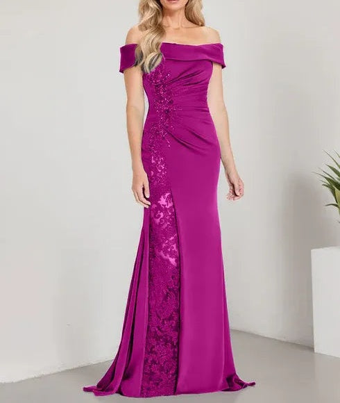 A-Line Off the Shoulder Floor-Length Mother of the Bride Dress Applique Beadings Mermaid Dress With High Split