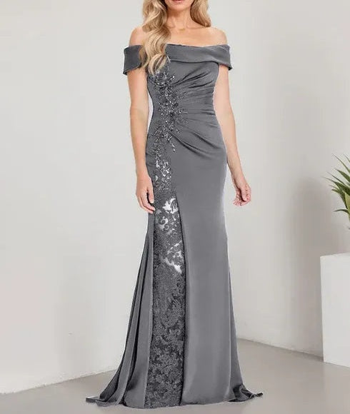 A-Line Off the Shoulder Floor-Length Mother of the Bride Dress Applique Beadings Mermaid Dress With High Split