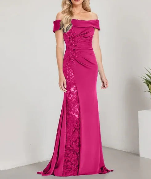 A-Line Off the Shoulder Floor-Length Mother of the Bride Dress Applique Beadings Mermaid Dress With High Split