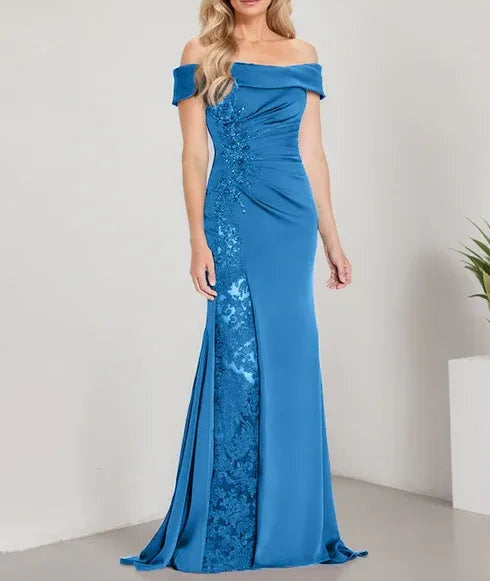 A-Line Off the Shoulder Floor-Length Mother of the Bride Dress Applique Beadings Mermaid Dress With High Split