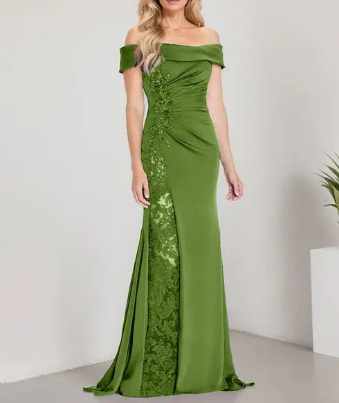 A-Line Off the Shoulder Floor-Length Mother of the Bride Dress Applique Beadings Mermaid Dress With High Split
