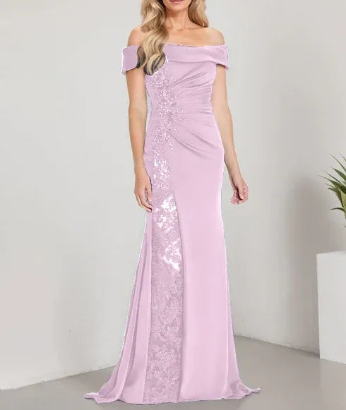 A-Line Off the Shoulder Floor-Length Mother of the Bride Dress Applique Beadings Mermaid Dress With High Split