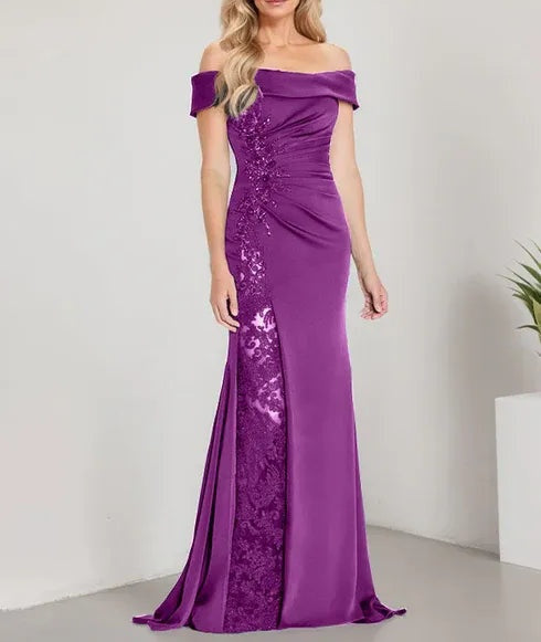 A-Line Off the Shoulder Floor-Length Mother of the Bride Dress Applique Beadings Mermaid Dress With High Split