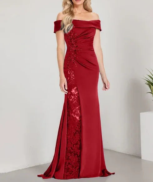 A-Line Off the Shoulder Floor-Length Mother of the Bride Dress Applique Beadings Mermaid Dress With High Split