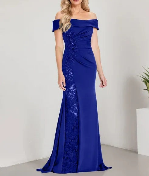 A-Line Off the Shoulder Floor-Length Mother of the Bride Dress Applique Beadings Mermaid Dress With High Split