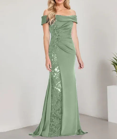 A-Line Off the Shoulder Floor-Length Mother of the Bride Dress Applique Beadings Mermaid Dress With High Split