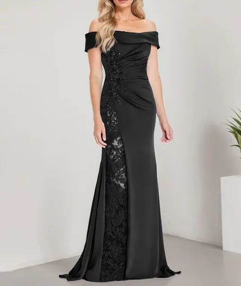 A-Line Off the Shoulder Floor-Length Mother of the Bride Dress Applique Beadings Mermaid Dress With High Split