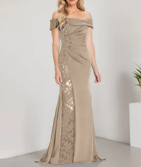 A-Line Off the Shoulder Floor-Length Mother of the Bride Dress Applique Beadings Mermaid Dress With High Split