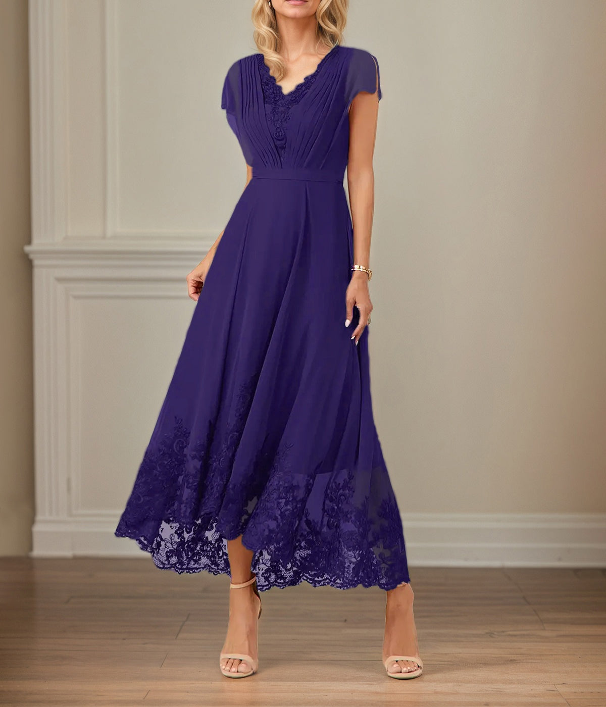 A Line V Neck Flutter Sleeve Ankle Length Chiffon Dress With Appliques