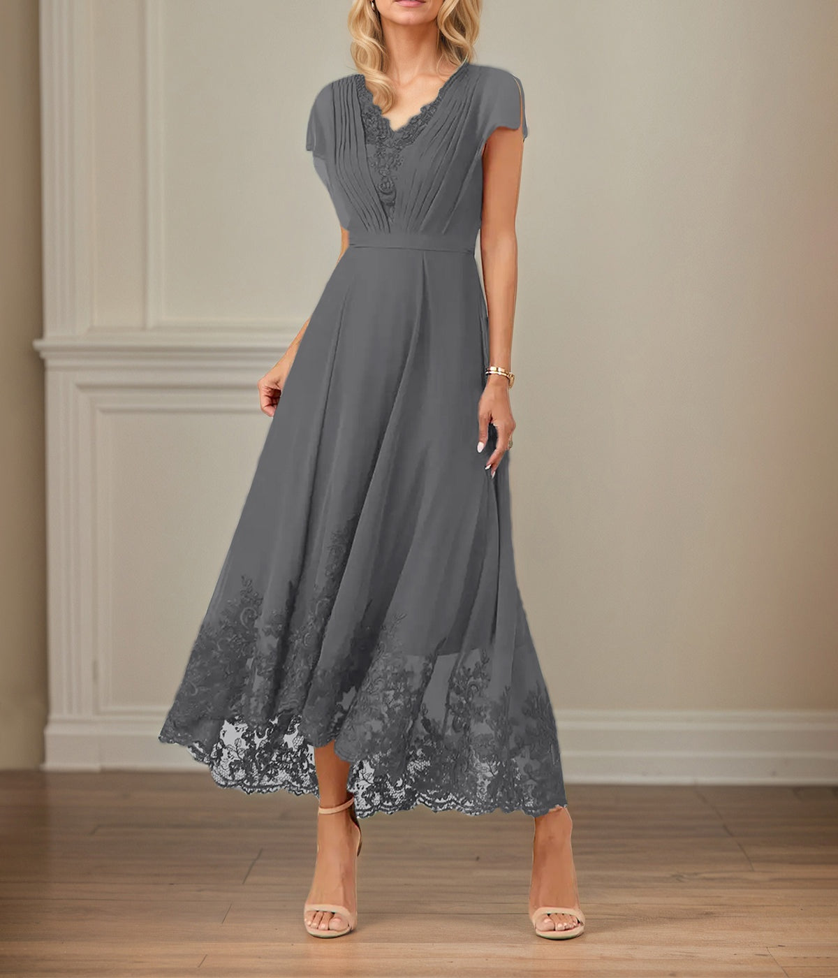 A Line V Neck Flutter Sleeve Ankle Length Chiffon Dress With Appliques