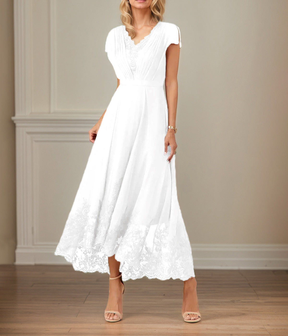 A Line V Neck Flutter Sleeve Ankle Length Chiffon Dress With Appliques