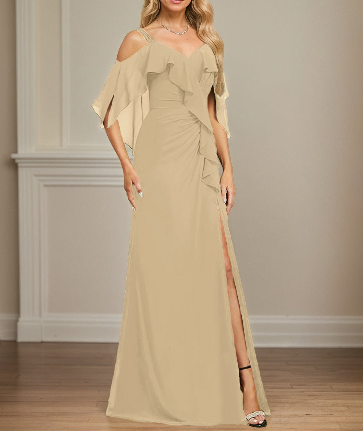 Sheath/Column Cold Shoulder V-Neck Floor-Length Chiffon Dress With Cascading Ruffles Sequins Beading
