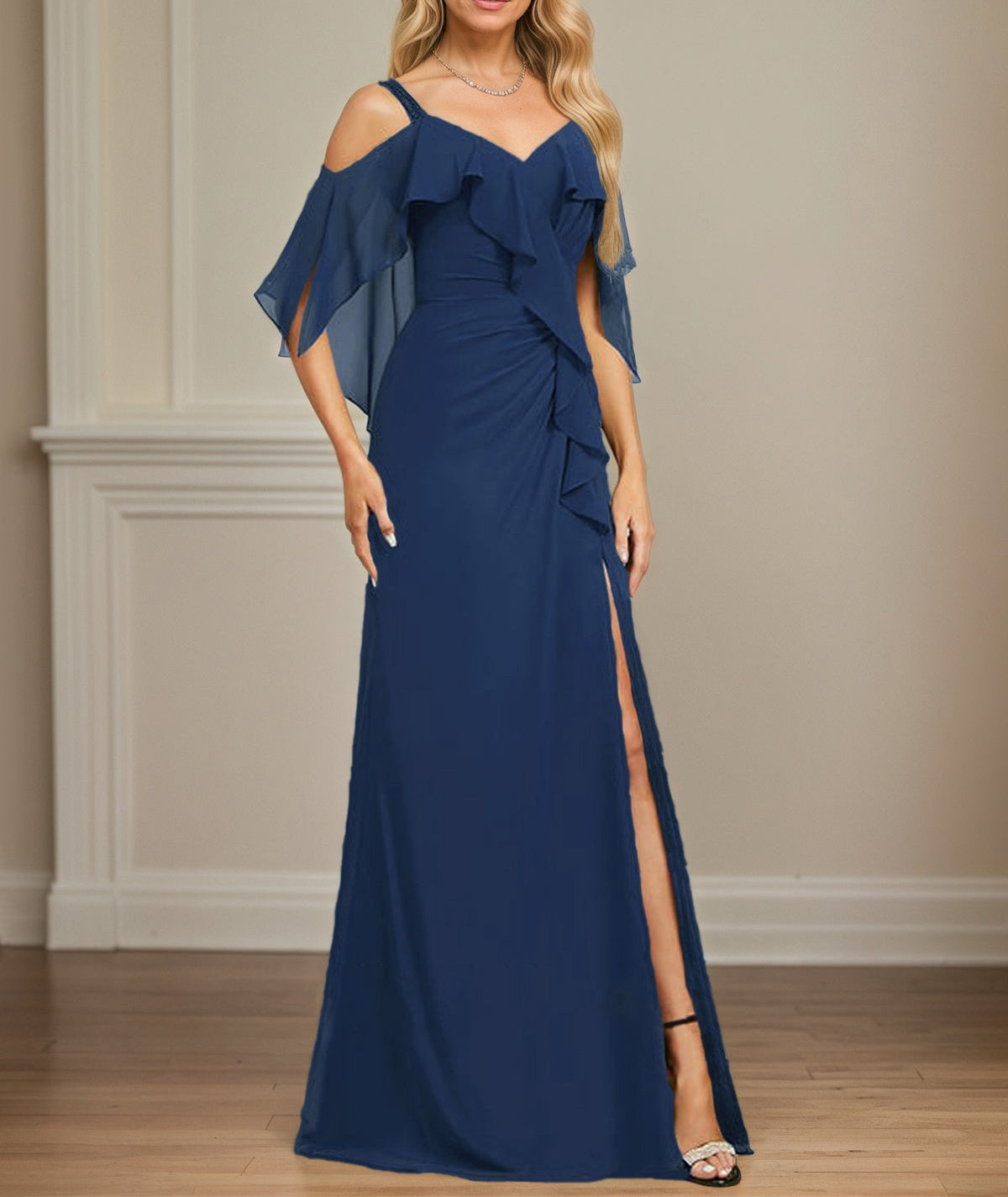 Sheath/Column Cold Shoulder V-Neck Floor-Length Chiffon Dress With Cascading Ruffles Sequins Beading