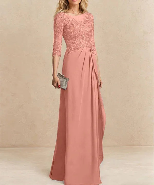 A-line Scoop Illusion Floor-Length Chiffon Lace Mother of the Bride Dress With Beading Sequins Cascading Ruffles