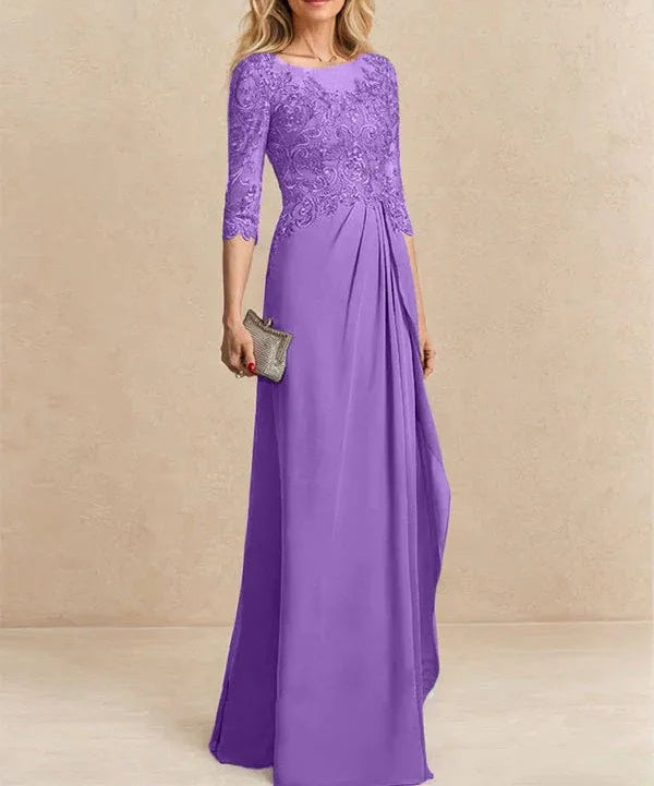 A-line Scoop Illusion Floor-Length Chiffon Lace Mother of the Bride Dress With Beading Sequins Cascading Ruffles