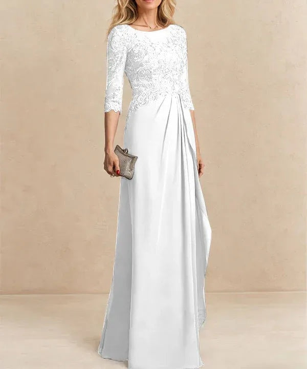 A-line Scoop Illusion Floor-Length Chiffon Lace Mother of the Bride Dress With Beading Sequins Cascading Ruffles