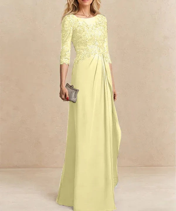 A-line Scoop Illusion Floor-Length Chiffon Lace Mother of the Bride Dress With Beading Sequins Cascading Ruffles